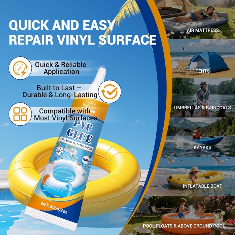 BUFFZIT PVC Glue Air Mattress Patch Kit, Heavy Duty Waterproof Vinyl Repair Kit for Inflatables, Pool Liner, Swim Ring, Bounce House, Hot Tub, PVC Boat, Raft, Kayak, and Inflatable Toys - 2oz/60ml - Image 3